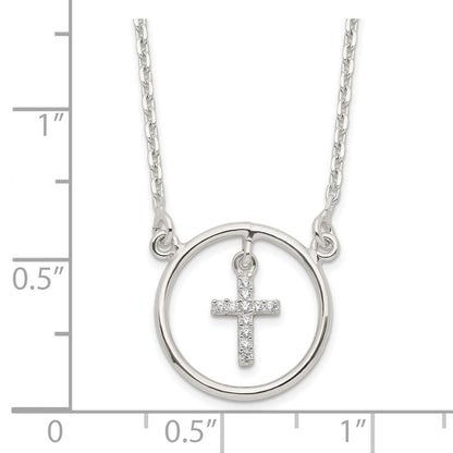 Sterling Silver Cubic Zirconia Cross in Circle Necklace 16"