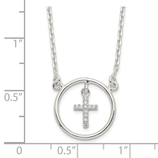 Sterling Silver Cubic Zirconia Cross in Circle Necklace 16"