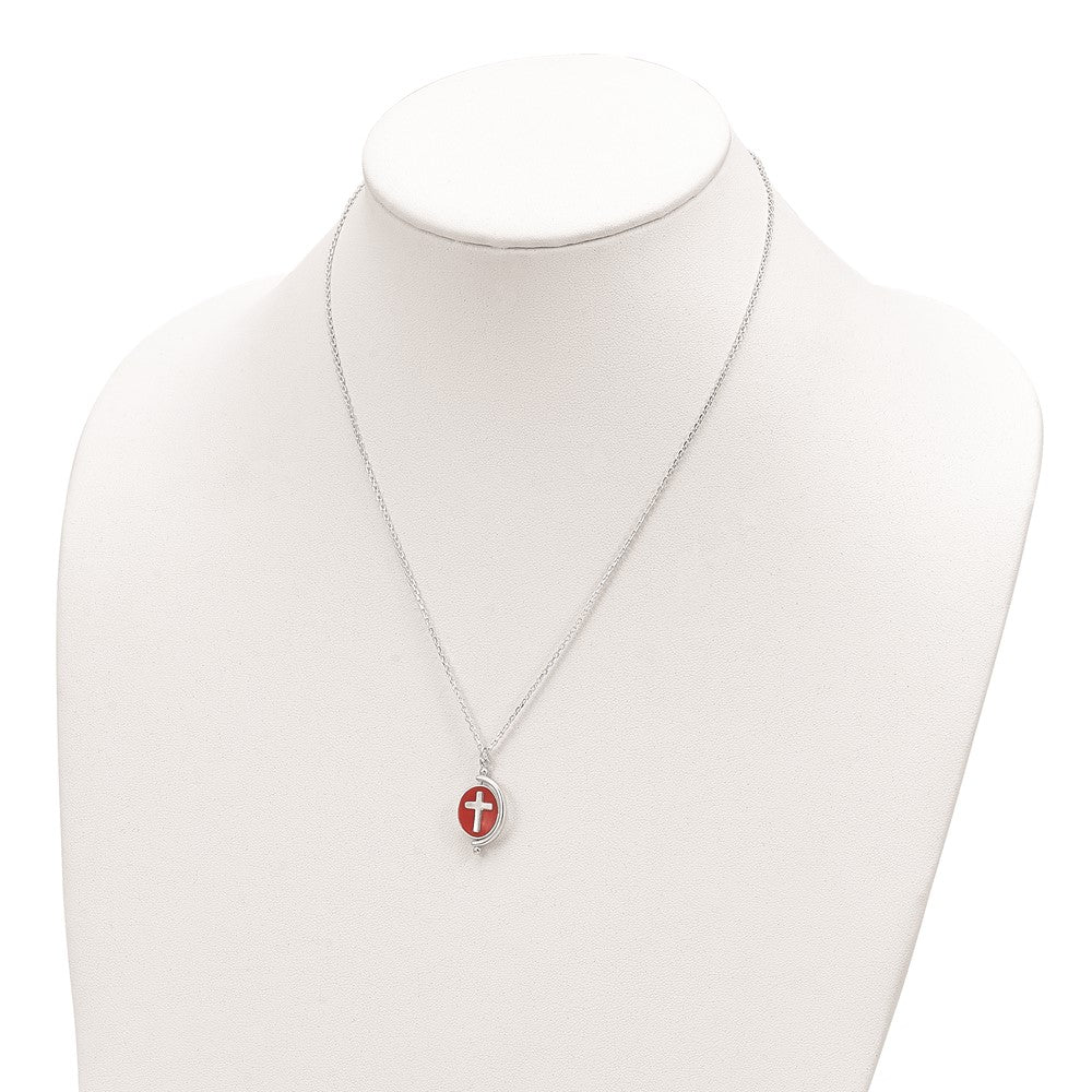 Sterling Silver Polished Reversible Enameled Faith Cross Necklace 18"