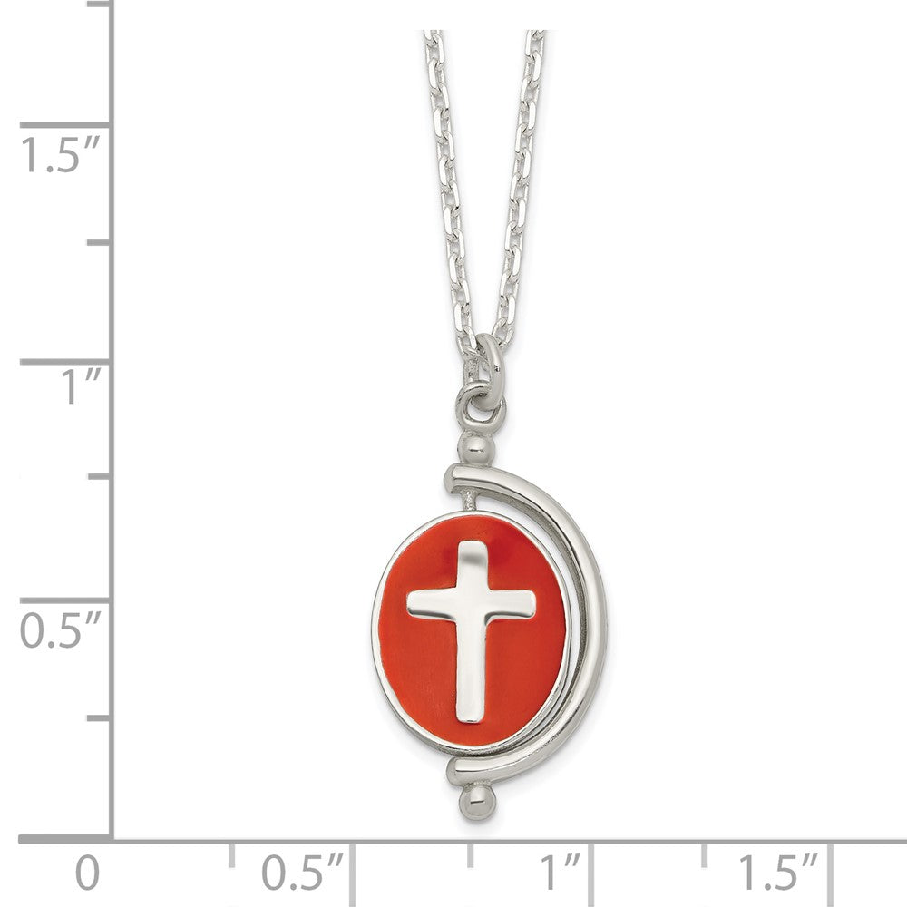 Sterling Silver Polished Reversible Enameled Faith Cross Necklace 18"