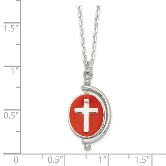 Sterling Silver Polished Reversible Enameled Faith Cross Necklace 18"