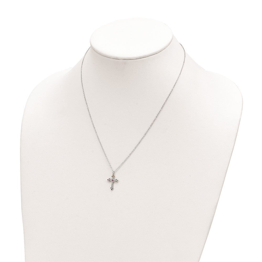 Sterling Silver Polished Multi-color Cubic Zirconia Cross Necklace 18"
