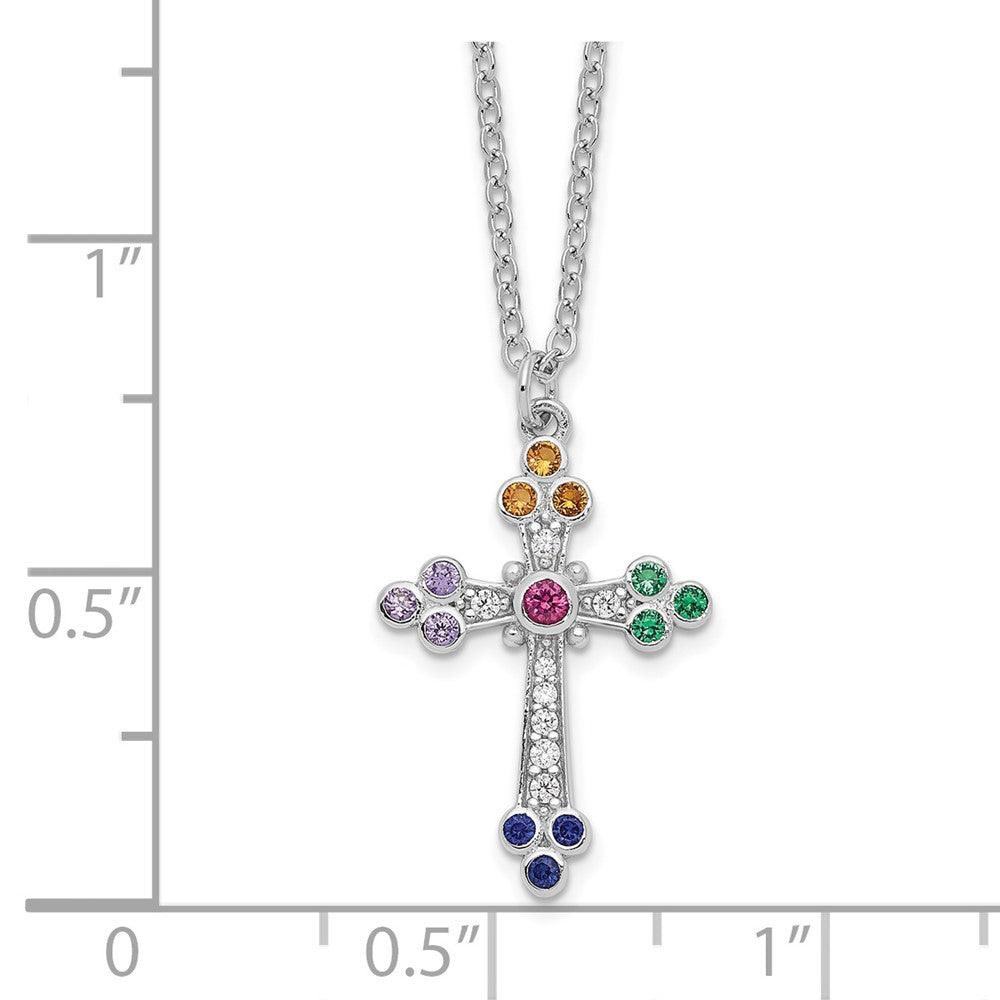 Sterling Silver Polished Multi-color Cubic Zirconia Cross Necklace 18"