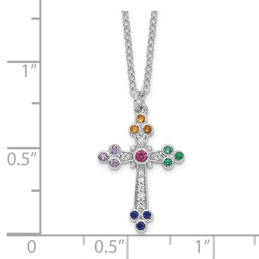 Sterling Silver Polished Multi-color Cubic Zirconia Cross Necklace 18"