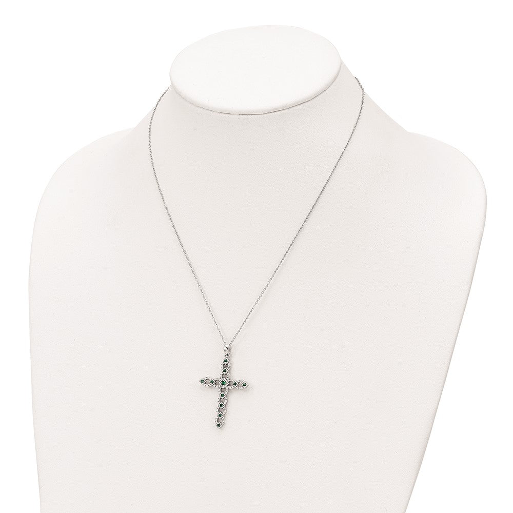 Sterling Silver Cubic Zirconia & Green Nano Crystal Cross Necklace 18"