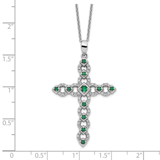 Sterling Silver Cubic Zirconia & Green Nano Crystal Cross Necklace 18"