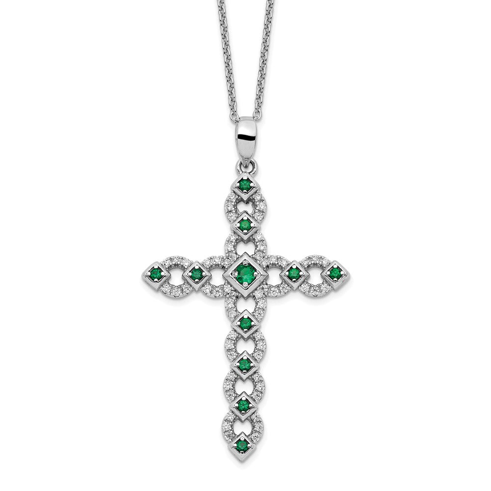 Sterling Silver Cubic Zirconia & Green Nano Crystal Cross Necklace 18"