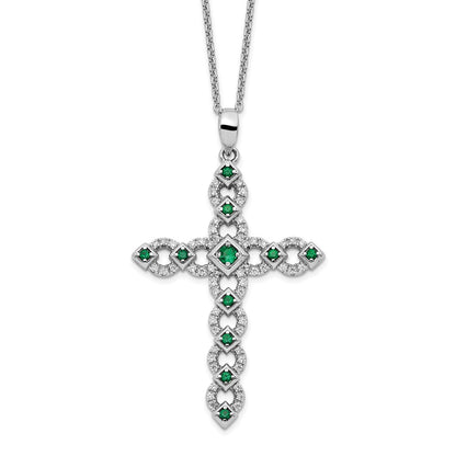 Sterling Silver Cubic Zirconia & Green Nano Crystal Cross Necklace 18"