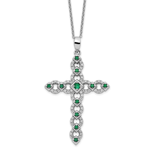 Sterling Silver Cubic Zirconia & Green Nano Crystal Cross Necklace 18"