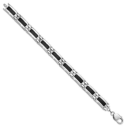 925 Sterling Silver 10.2mm Rhodium-plated Black Enamel Link Men's Bracelet 8 inch