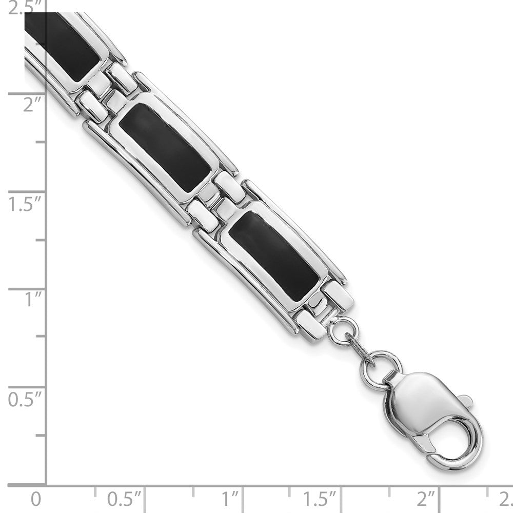 925 Sterling Silver 10.2mm Rhodium-plated Black Enamel Link Men's Bracelet 8 inch