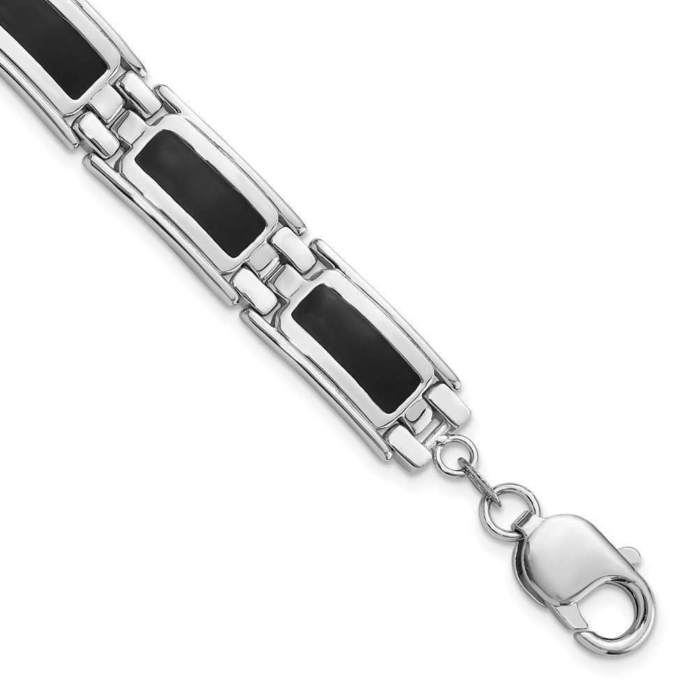 925 Sterling Silver 10.2mm Rhodium-plated Black Enamel Link Men's Bracelet 8 inch