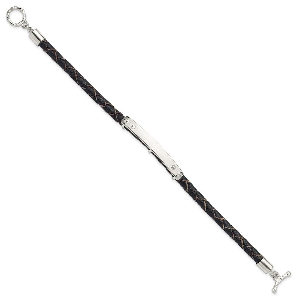 925 Sterling Silver 6.3mm Genuine Leather ID Toggle Bracelet 8 inch
