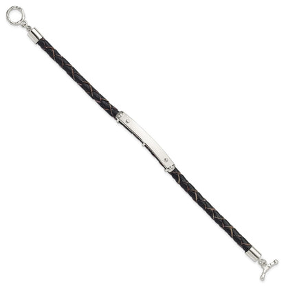 925 Sterling Silver 6.3mm Genuine Leather ID Toggle Bracelet 8 inch