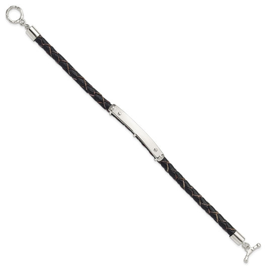 925 Sterling Silver 6.3mm Genuine Leather ID Toggle Bracelet 8 inch