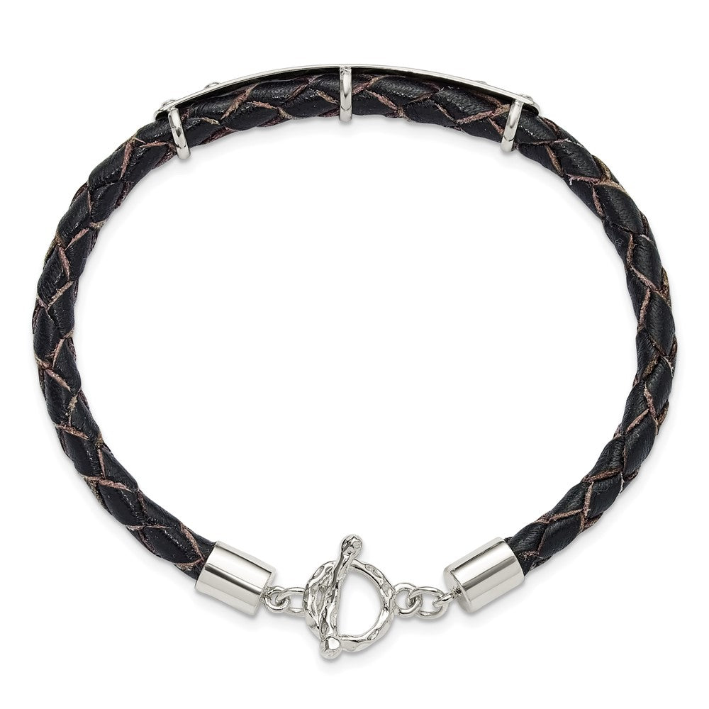 925 Sterling Silver 6.3mm Genuine Leather ID Toggle Bracelet 8 inch