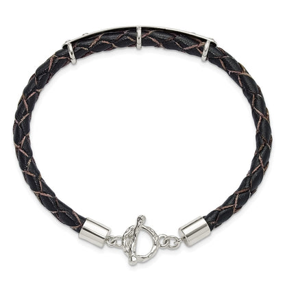 925 Sterling Silver 6.3mm Genuine Leather ID Toggle Bracelet 8 inch