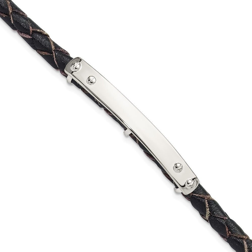 925 Sterling Silver 6.3mm Genuine Leather ID Toggle Bracelet 8 inch