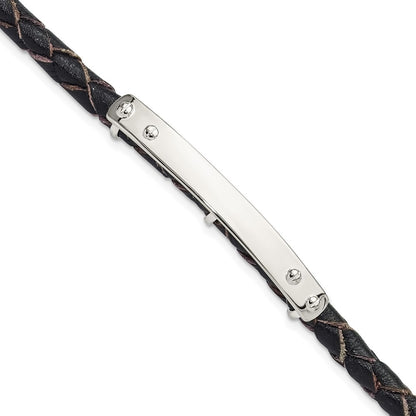 925 Sterling Silver 6.3mm Genuine Leather ID Toggle Bracelet 8 inch