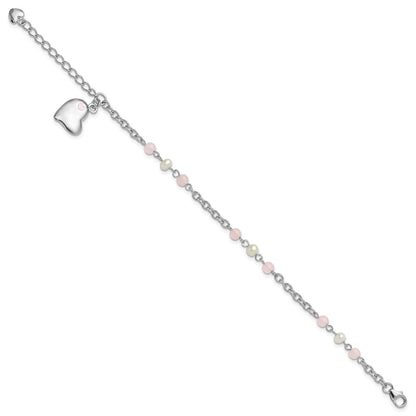 925 Sterling Silver Rhodium-plated Crystal Freshwater Cultured Pearl Enamel Dangle Heart 7 inch Bracelet