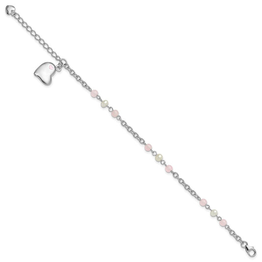 925 Sterling Silver Rhodium-plated Crystal Freshwater Cultured Pearl Enamel Dangle Heart 7 inch Bracelet