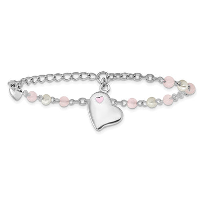 925 Sterling Silver Rhodium-plated Crystal Freshwater Cultured Pearl Enamel Dangle Heart 7 inch Bracelet
