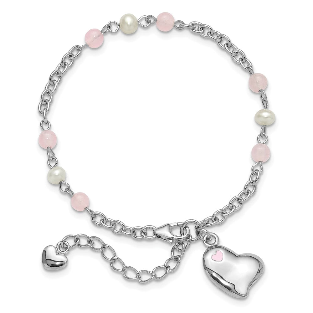 925 Sterling Silver Rhodium-plated Crystal Freshwater Cultured Pearl Enamel Dangle Heart 7 inch Bracelet