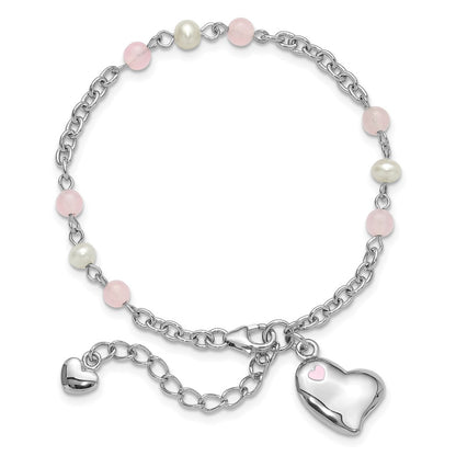 925 Sterling Silver Rhodium-plated Crystal Freshwater Cultured Pearl Enamel Dangle Heart 7 inch Bracelet