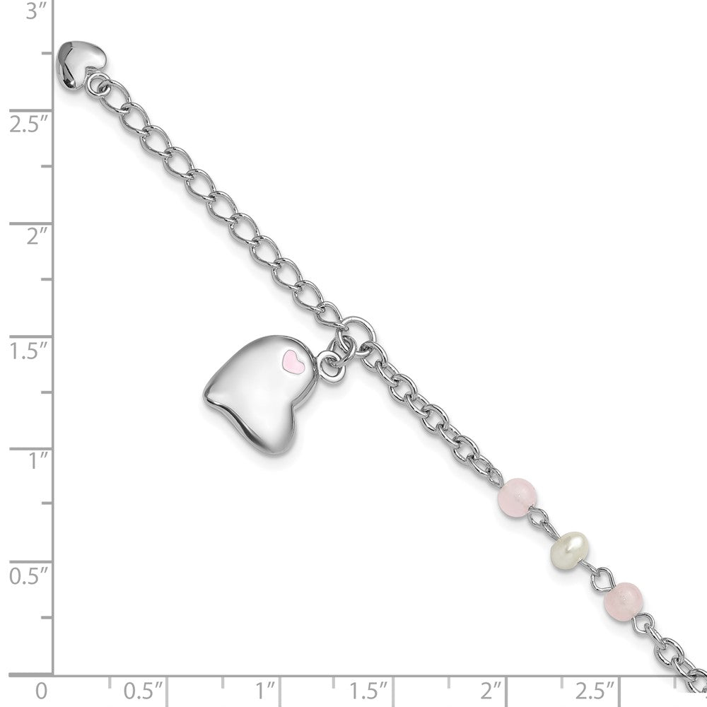 925 Sterling Silver Rhodium-plated Crystal Freshwater Cultured Pearl Enamel Dangle Heart 7 inch Bracelet