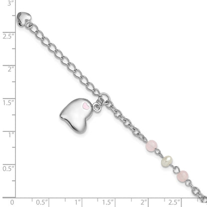 925 Sterling Silver Rhodium-plated Crystal Freshwater Cultured Pearl Enamel Dangle Heart 7 inch Bracelet