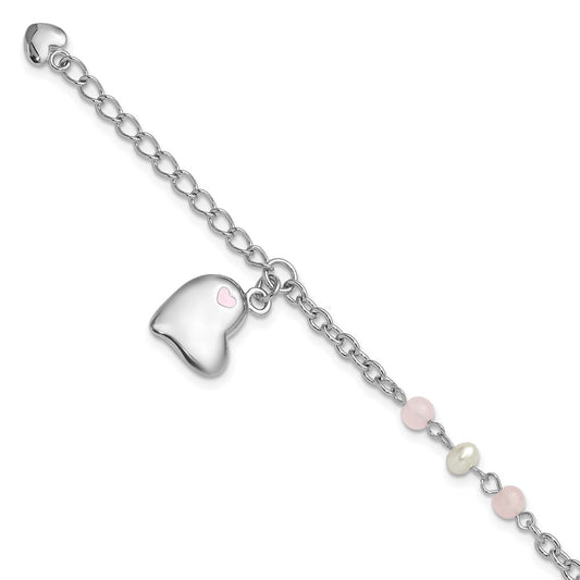 925 Sterling Silver Rhodium-plated Crystal Freshwater Cultured Pearl Enamel Dangle Heart 7 inch Bracelet