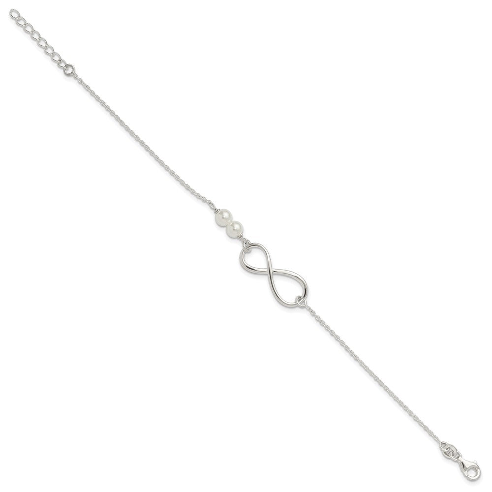 925 Sterling Silver Polished Simulated Pearls and Infinity Bracelet 8 Inch