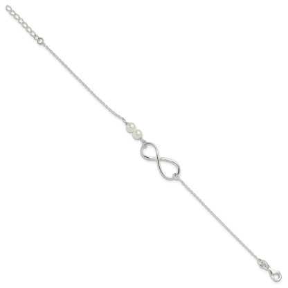 925 Sterling Silver Polished Simulated Pearls and Infinity Bracelet 8 Inch