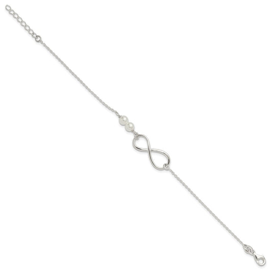 925 Sterling Silver Polished Simulated Pearls and Infinity Bracelet 8 Inch