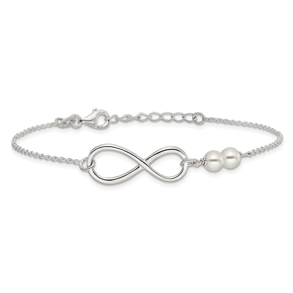 925 Sterling Silver Polished Simulated Pearls and Infinity Bracelet 8 Inch