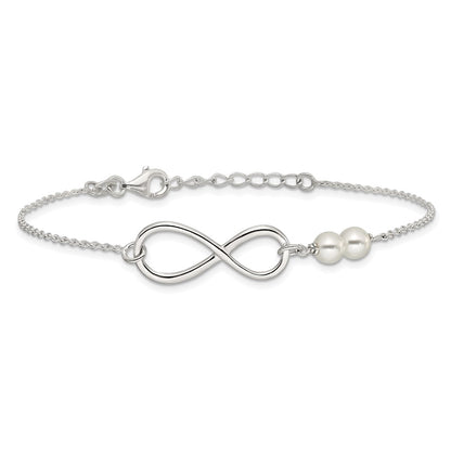 925 Sterling Silver Polished Simulated Pearls and Infinity Bracelet 8 Inch
