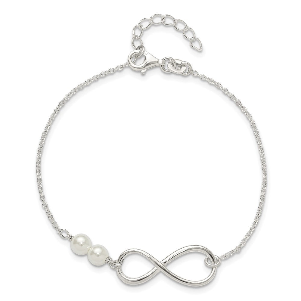 925 Sterling Silver Polished Simulated Pearls and Infinity Bracelet 8 Inch