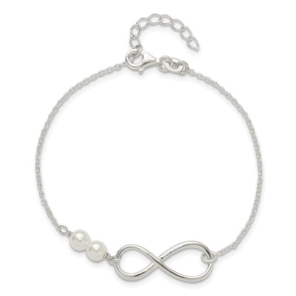 925 Sterling Silver Polished Simulated Pearls and Infinity Bracelet 8 Inch