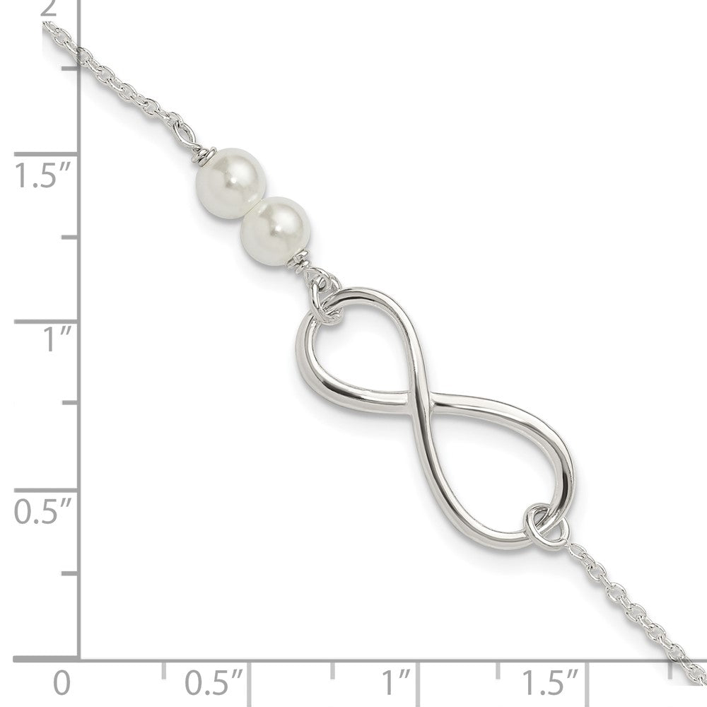 925 Sterling Silver Polished Simulated Pearls and Infinity Bracelet 8 Inch