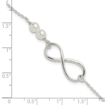 925 Sterling Silver Polished Simulated Pearls and Infinity Bracelet 8 Inch