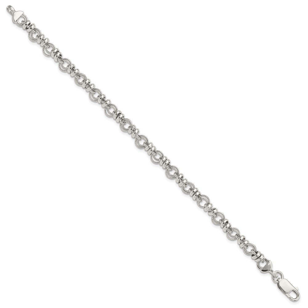 925 Sterling Silver 6.3mm Rhodium-plated Polished and Textured Link Bracelet 7.5 inch