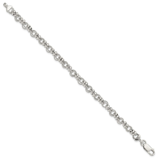 925 Sterling Silver 6.3mm Rhodium-plated Polished and Textured Link Bracelet 7.5 inch