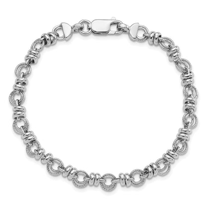 925 Sterling Silver 6.3mm Rhodium-plated Polished and Textured Link Bracelet 7.5 inch