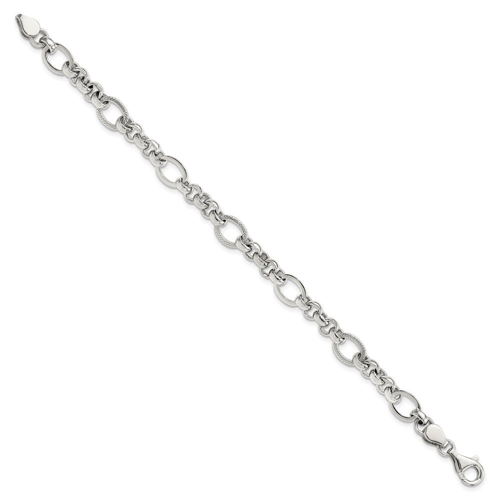 925 Sterling Silver 7.5mm Rhodium-plated Polished/Textured Fancy Link Bracelet 7.5 inch