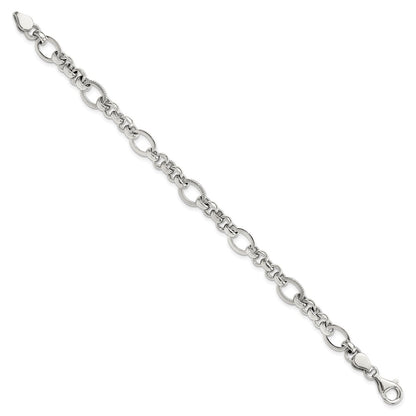 925 Sterling Silver 7.5mm Rhodium-plated Polished/Textured Fancy Link Bracelet 7.5 inch
