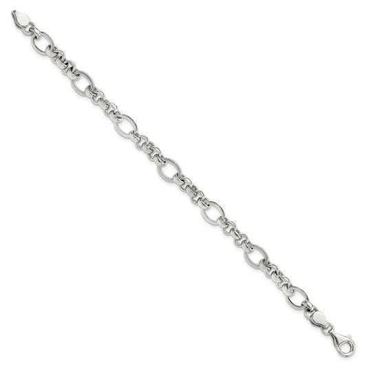 925 Sterling Silver 7.5mm Rhodium-plated Polished/Textured Fancy Link Bracelet 7.5 inch