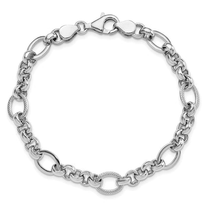 925 Sterling Silver 7.5mm Rhodium-plated Polished/Textured Fancy Link Bracelet 7.5 inch