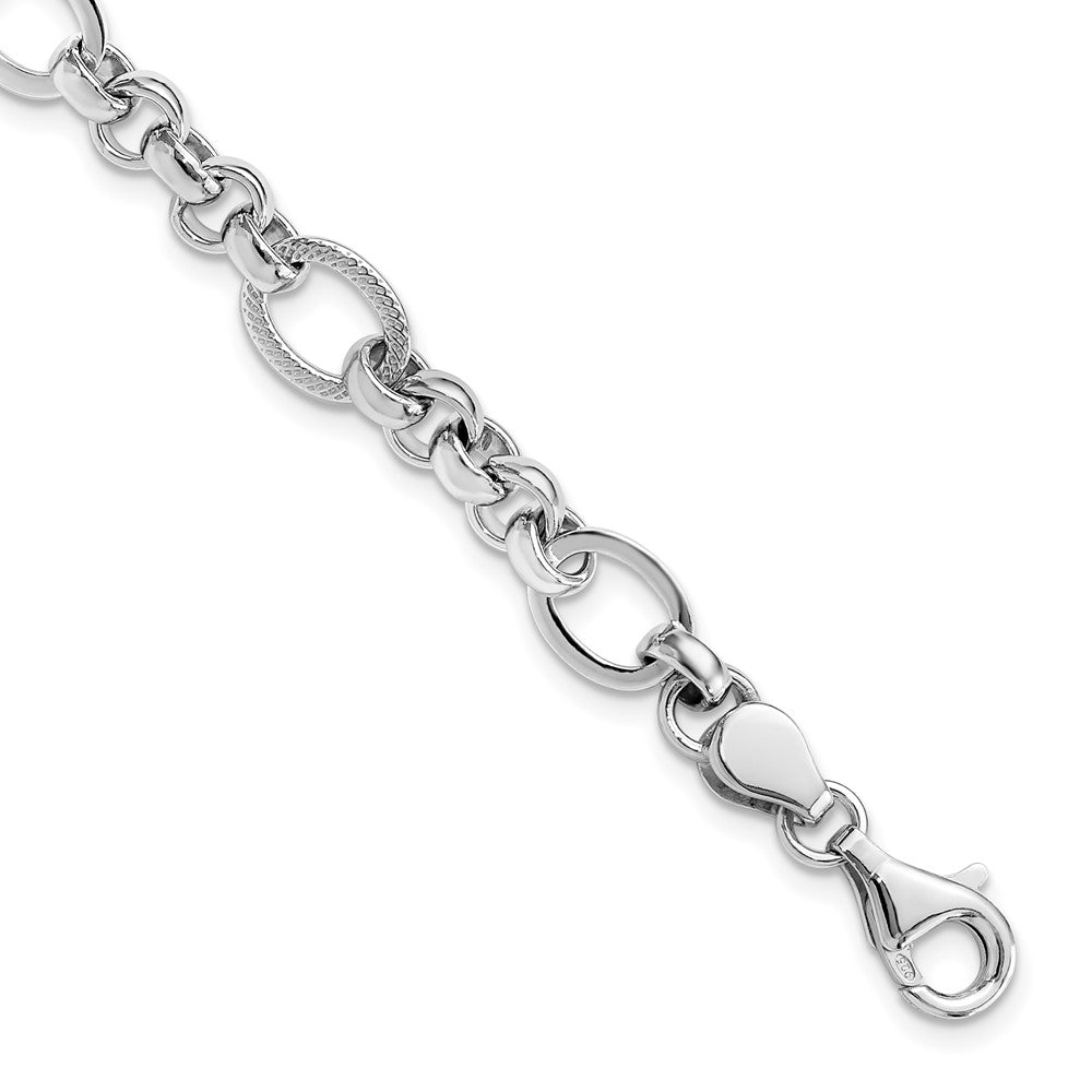 925 Sterling Silver 7.5mm Rhodium-plated Polished/Textured Fancy Link Bracelet 7.5 inch