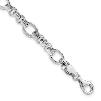925 Sterling Silver 7.5mm Rhodium-plated Polished/Textured Fancy Link Bracelet 7.5 inch