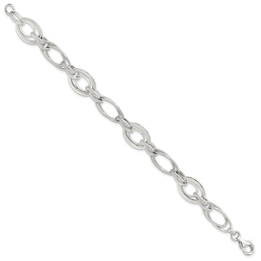 925 Sterling Silver 12.5mm Rhodium-plated Polished/Textured Link Bracelet 7.5 inch
